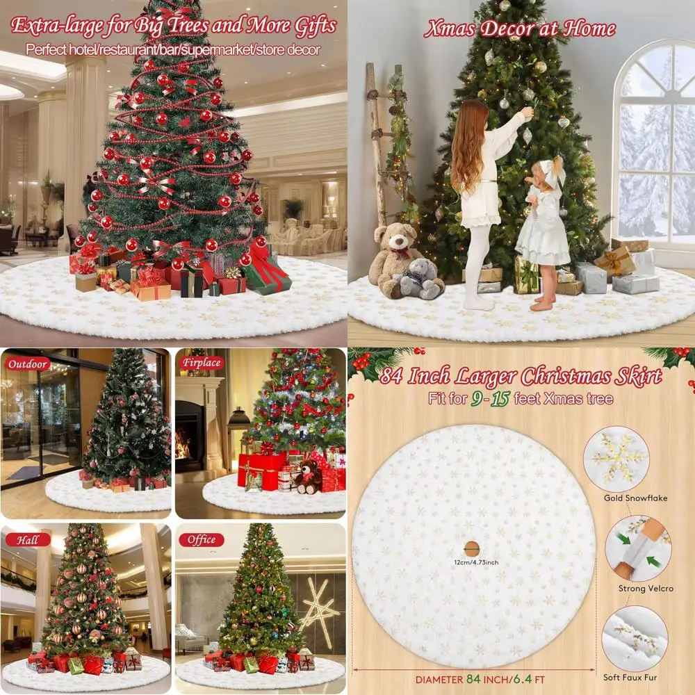 

96 Inch Gold Snowflake White Faux Fur Christmas Tree Skirt for 10-17ft Trees, Large Indoor Decorative Rug