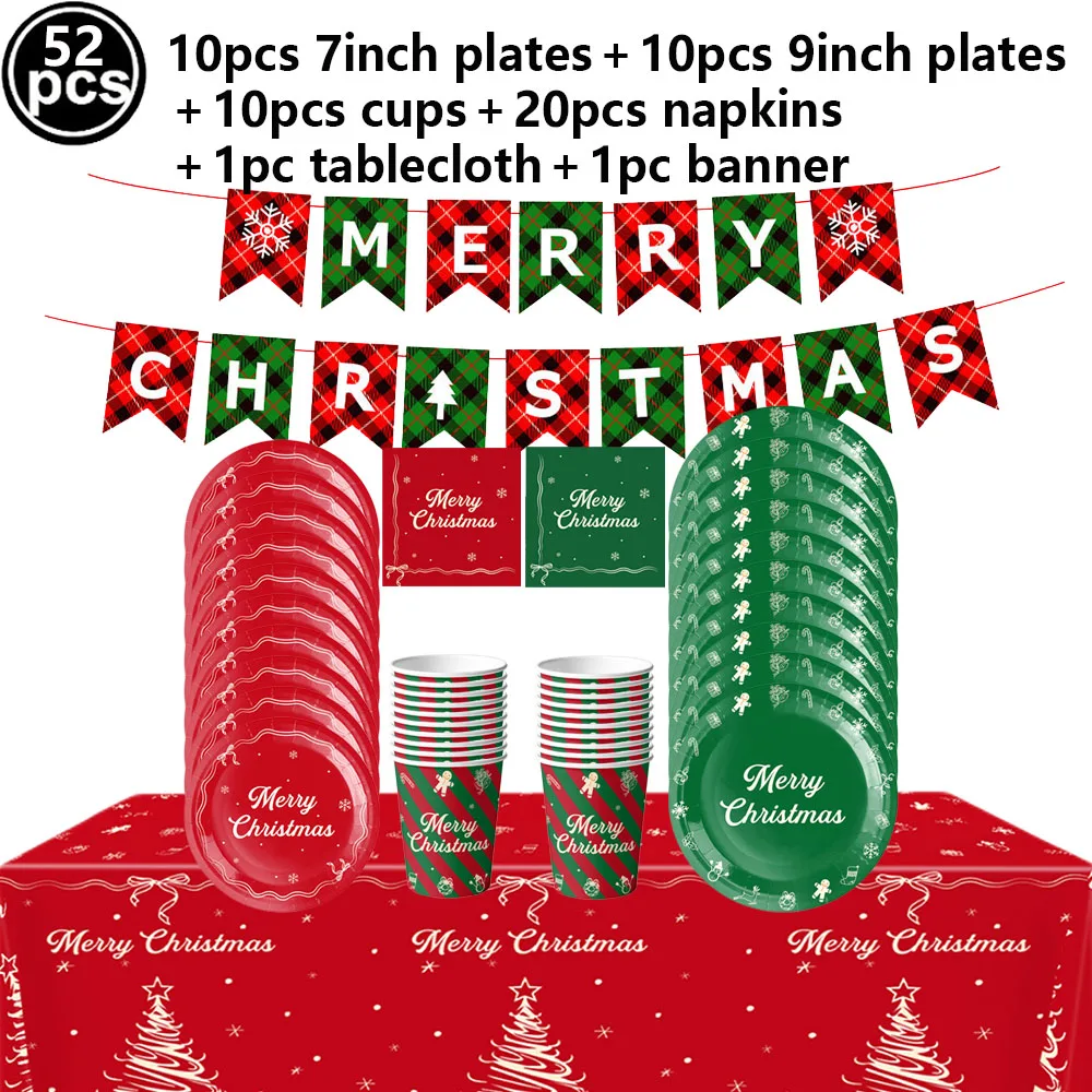 Red Green Christmas Party Decor Disposable Paper Tableware Plates Cups Napkins Tablecloth Merry Christmas Banner Party Supplies