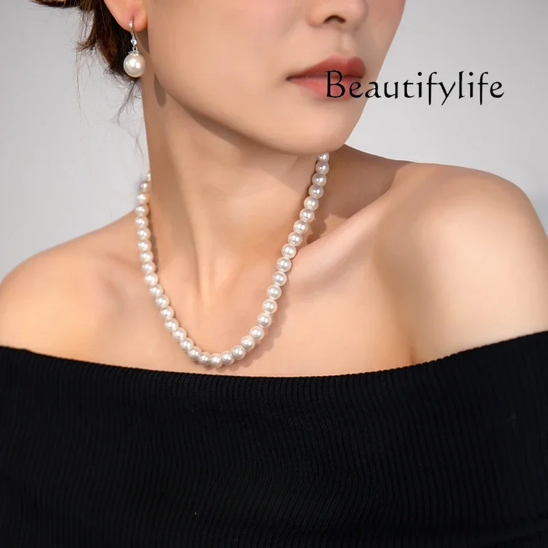 Silver pearl necklace earrings set, free mother earrings, neck chain, light luxury jewelry, high-end atmosphere