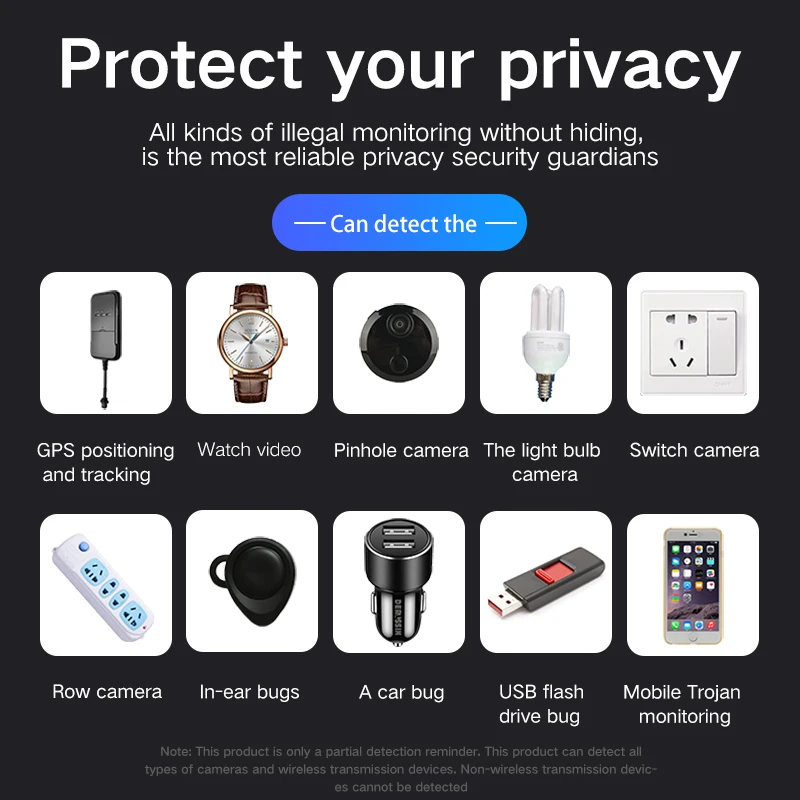 Newest Anti Spy  Detector Portable Pinhole Hidden Lens Detect Gadget for GPS Tracker Hidden Camera Finder Eavesdropping Device