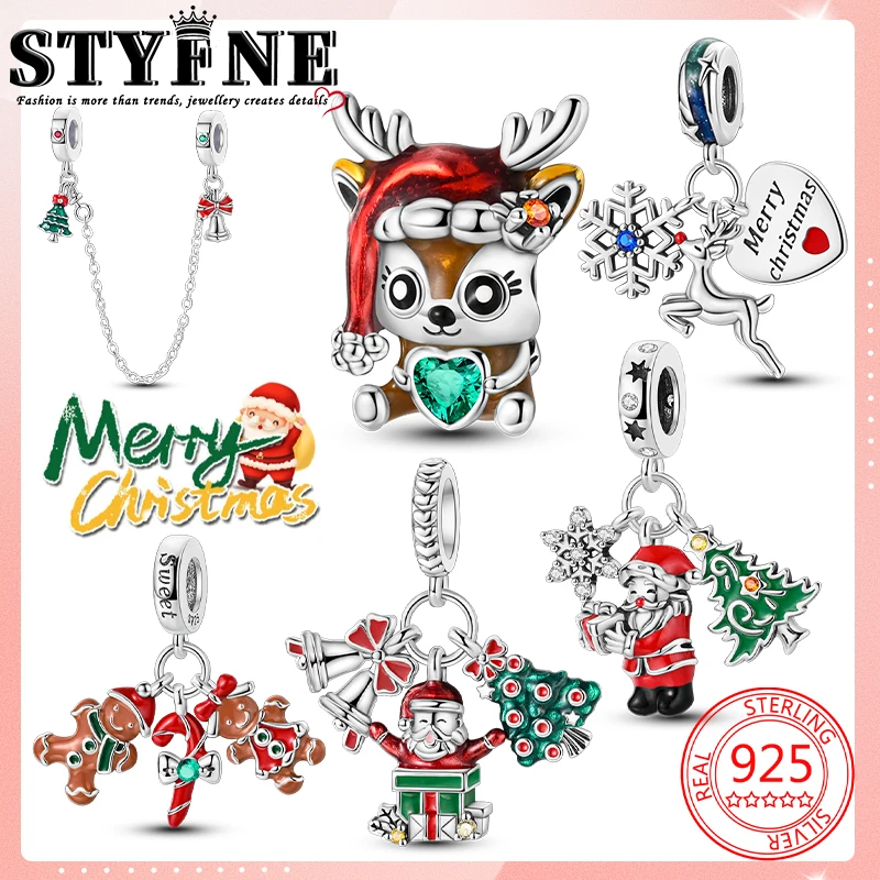 Symbols 2025 NEW Year Beads 925 Sterling Silver Jingle Bell Safety Chain Santa Gift Moose Hugging Heart Charms Bracelets Jewelry