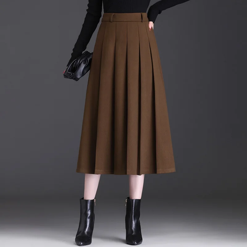 

#1754 Autumn Winter Office Pleated Skirt Women Split Joint Midi Skirt Ladies Korean Style High Waisted A-line Skirt Female Slim