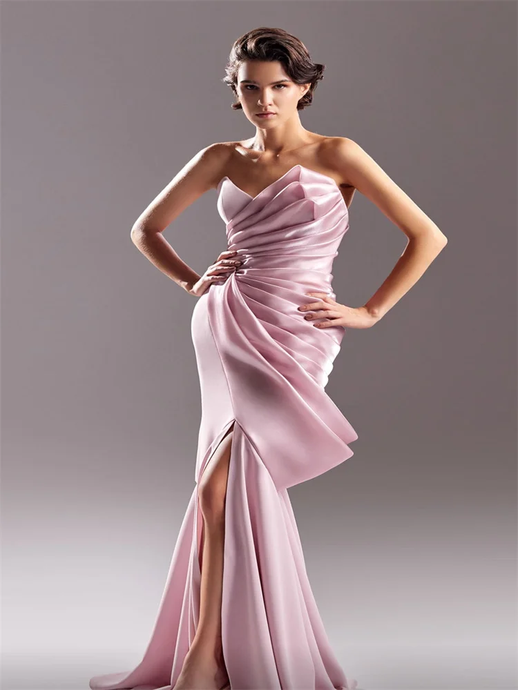 New Product Strapless V Neckline Satin Sheath Prom Dress Elegant Open Back Zipper High Slit Floor Length Sweep Train Party Gown