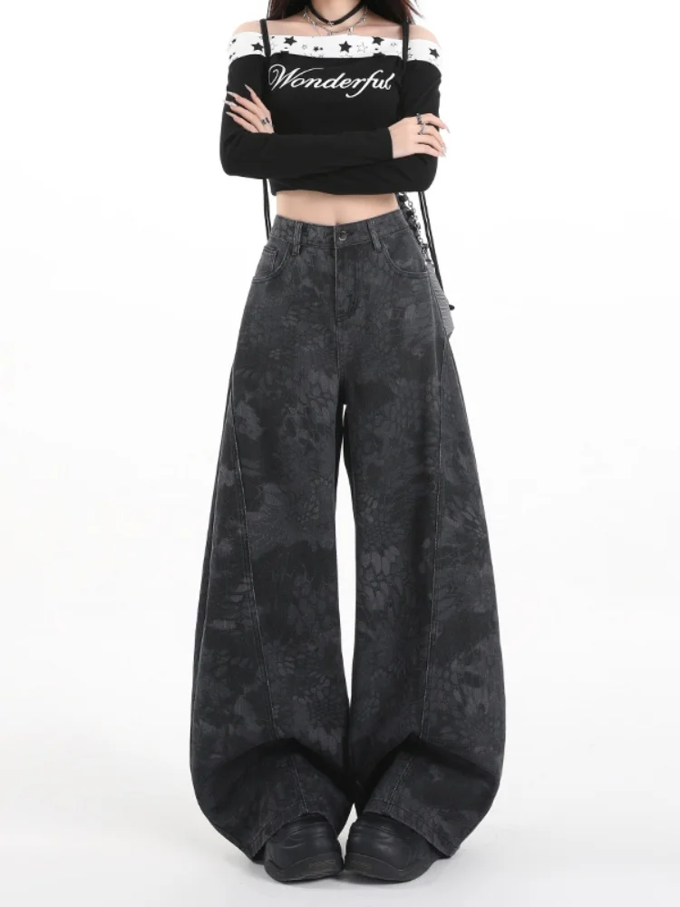 

American Retro Workwear Wide Leg Denim Pants Women's Autumn Winter Large Size Design Loose Knife Pants High Waist Zipper