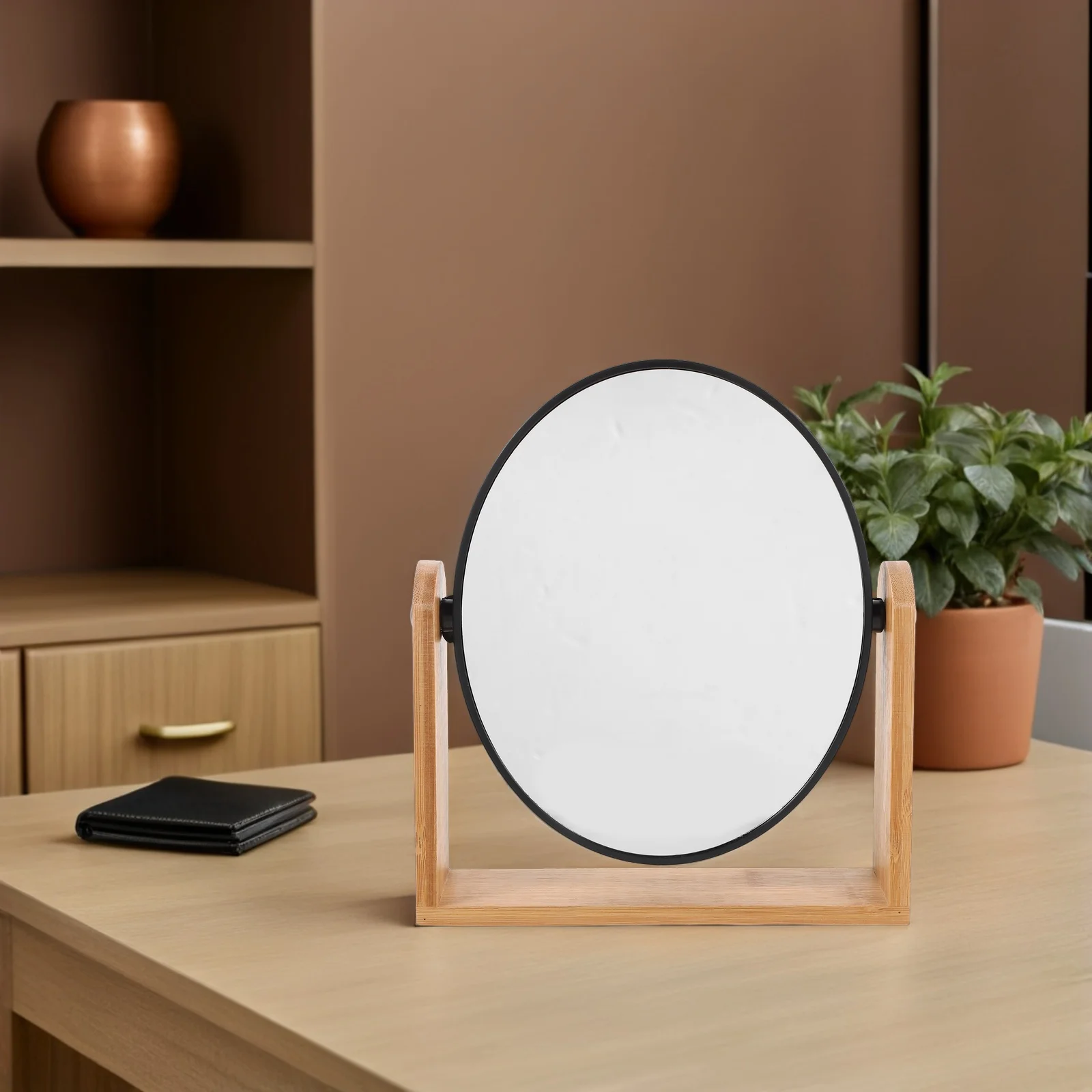 Bambus-Make-up-Spiegel, rund, doppelseitig, 3-fache Vergrößerung, drehbarer Desktop-Spiegel für Schminktisch, Schminkspiegel für Make-up-Schreibtisch