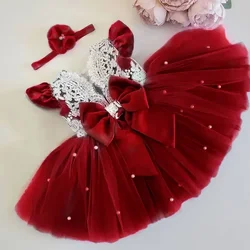 Toddler Girls Red Christmas Dress Lace Princess Party Dress Tutu Dresses for Kids Backless Cute Birthday Wedding Evening Gown