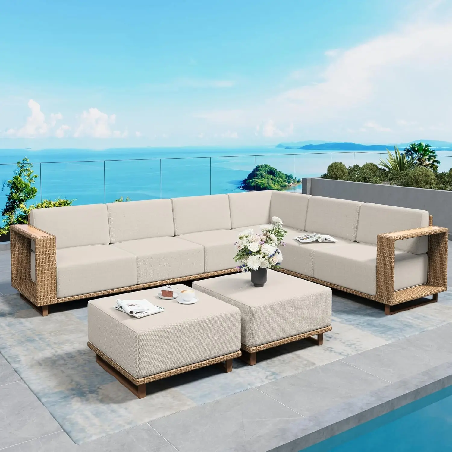 8pcs Patio Sectional Furniture with 10 Thick Cushion,Beige