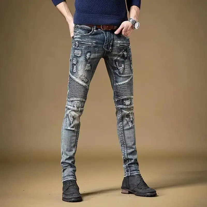 

Spring and Autumn 2026 New Men's Ripped Jeans Trendy Brand Retro Old Splicing Slim Locomotive Long Motorcycle Designer Pants