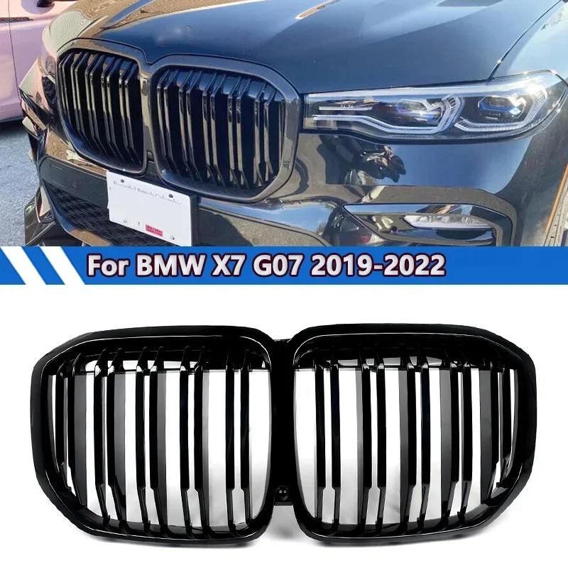 MAGICKIT Front Bumper Grille Grill Dual Slats Gloss Black For 2019-2022 BMW X7 G07 M50i Car Accessories