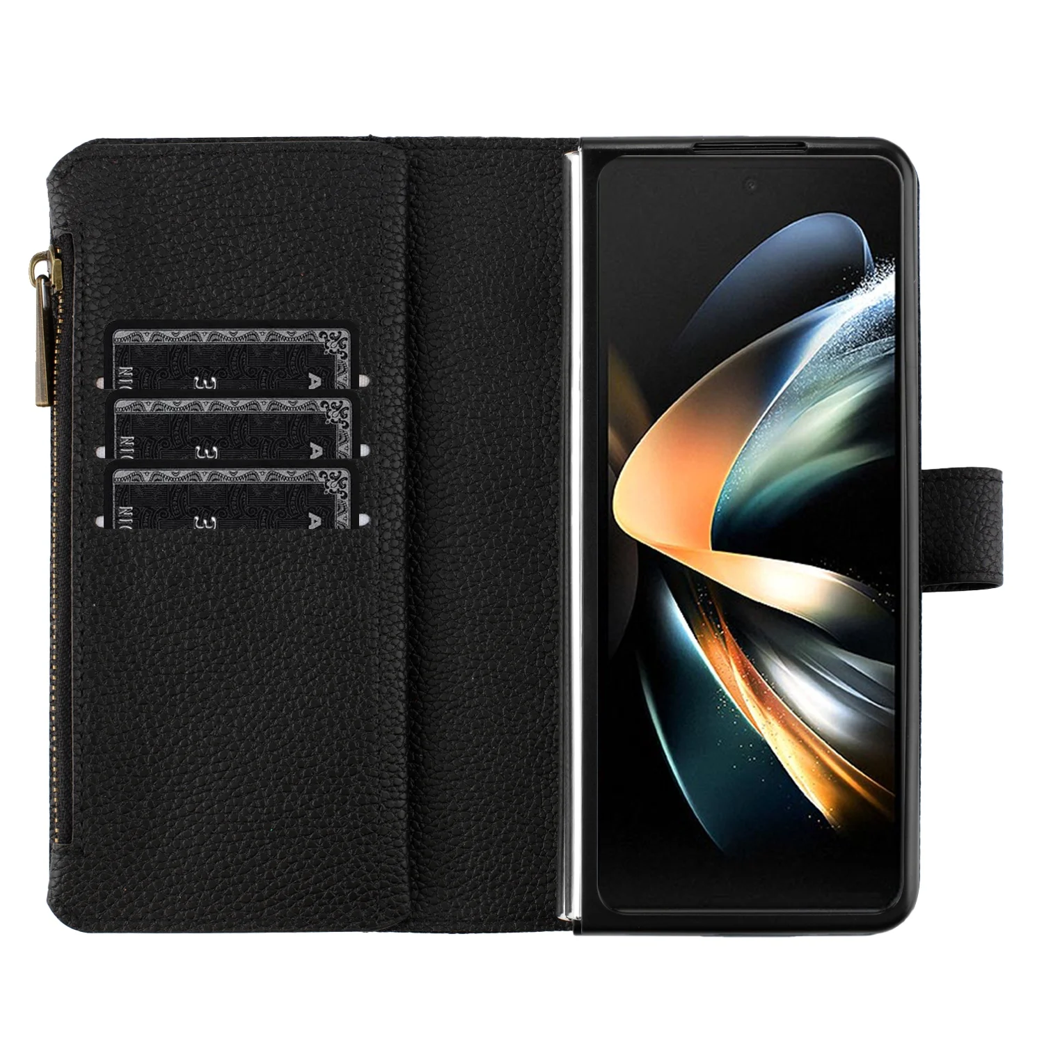 For Samsung Galaxy Z Fold 6 5 4 3 Case Wallet Magnetic Lychee Grain Leather Zipper Flip Card Slot Pocket Shockproof Hard Cover