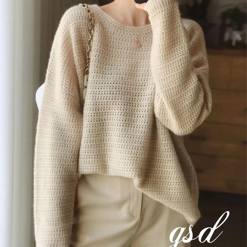 Spring New Pure Wool Sweater Hollow-Out Design Fashion Explosion Pullover Long-Sleeved Loose Fashion Sweater Blouse-WRM079