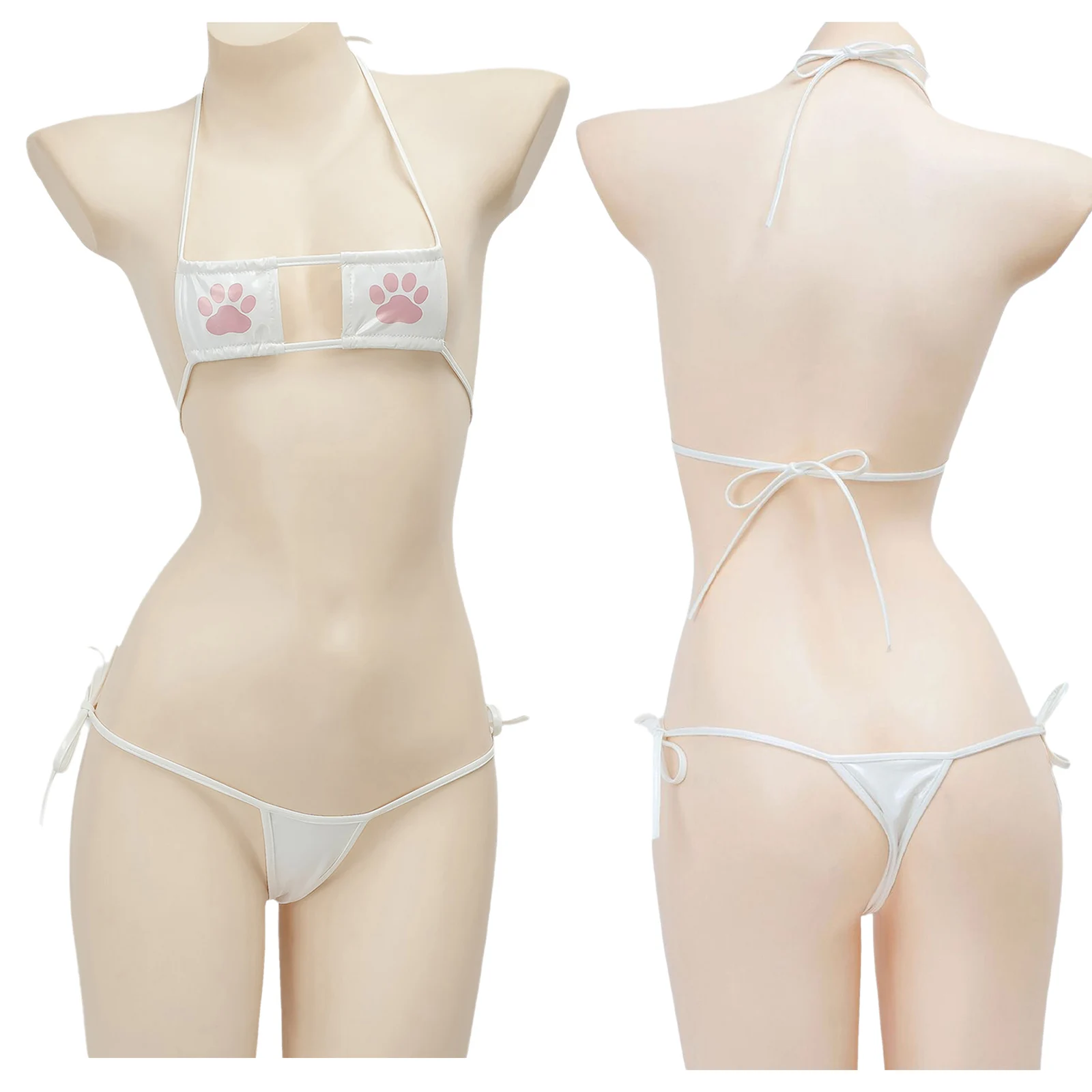 Women Sexy Anime Cat Paw Printed Lingerie Bra Set Micro Bikini Bra Tops with Low Rise Side Tie Thong Briefs Erotic Nightwear