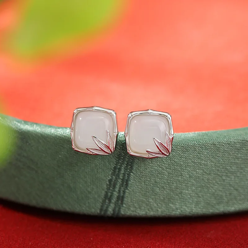 S925 Hetian White Jade Vintage Knot And Leaf Square Earrings, Symbolizing Continuous Progress, Silver