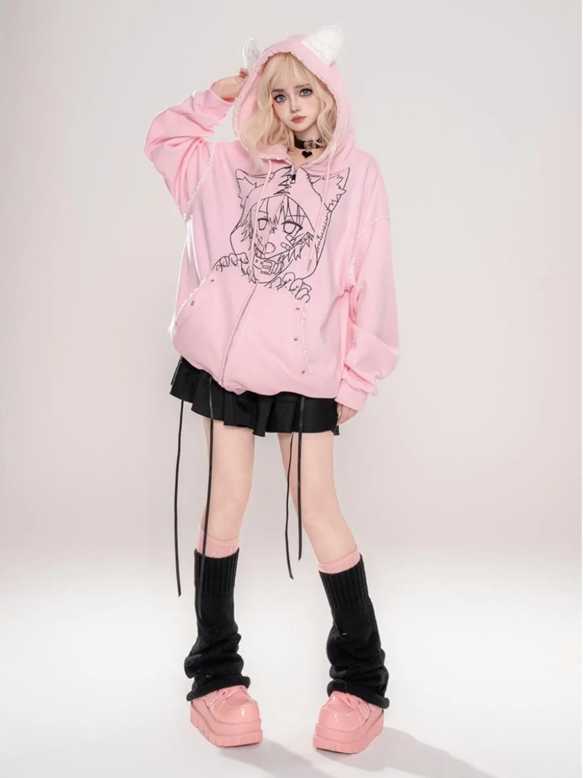 Japanese Subculture Punk Style Sweet Cool Y2k Tops Kawaii Printed Cat Ears Zip Up Hooded Loose Casual Sweatshirts Women Autumn