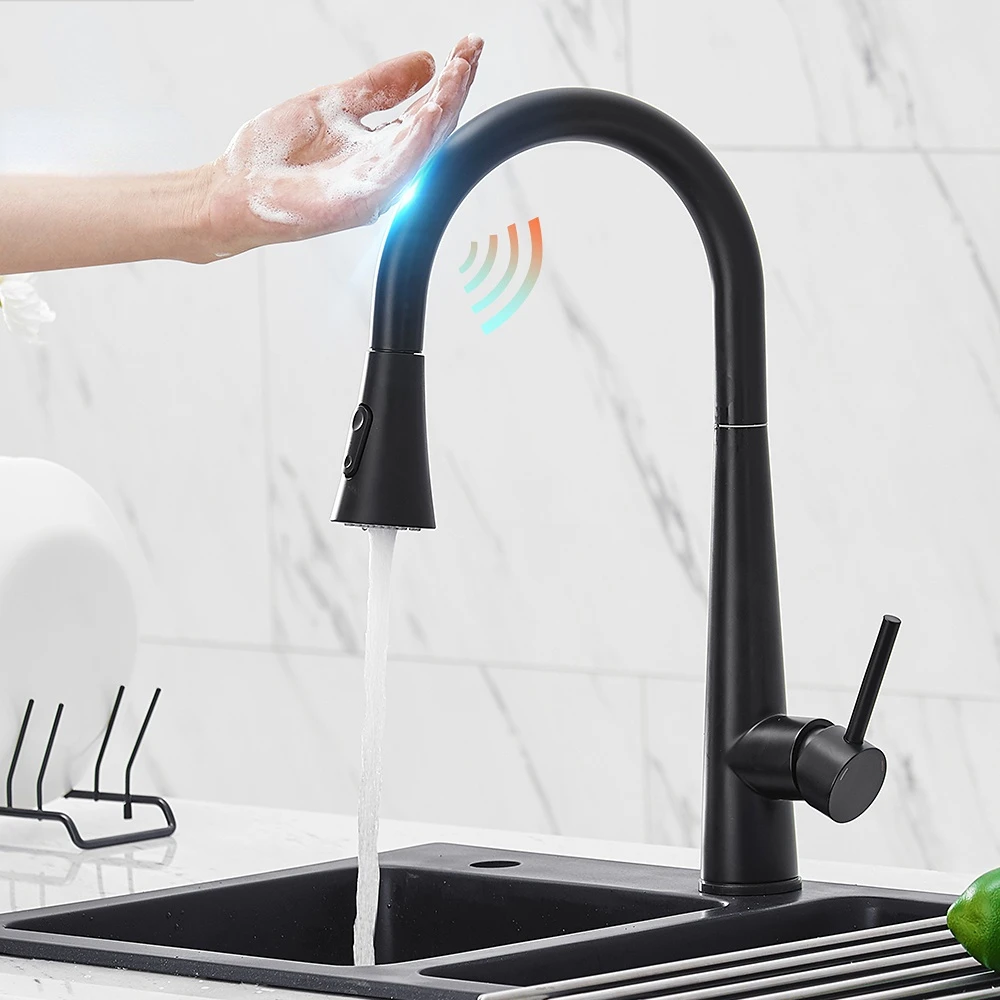 

Black Sensor Kitchen Faucets Pull Out Stainless Steel Smart Induction Mixed Tap Touch Control Sink Torneira De KH1002