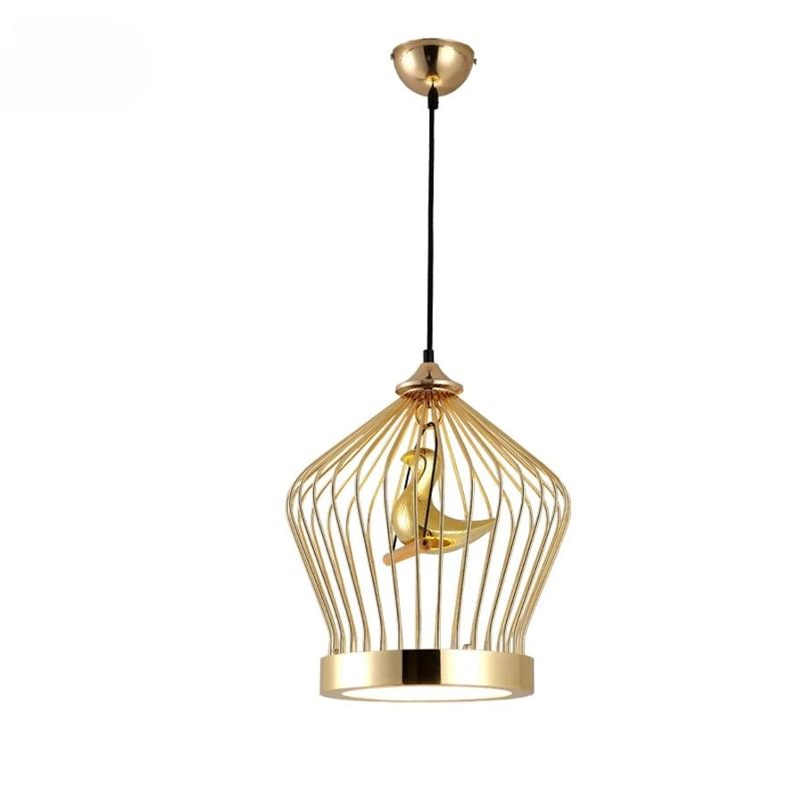 

Nordic Modern Gold Cage Shape Chandelier Forliving Room Bedroom Kitchen Creative Iron Bird Hanging Lamp Light Fixture Acrylic