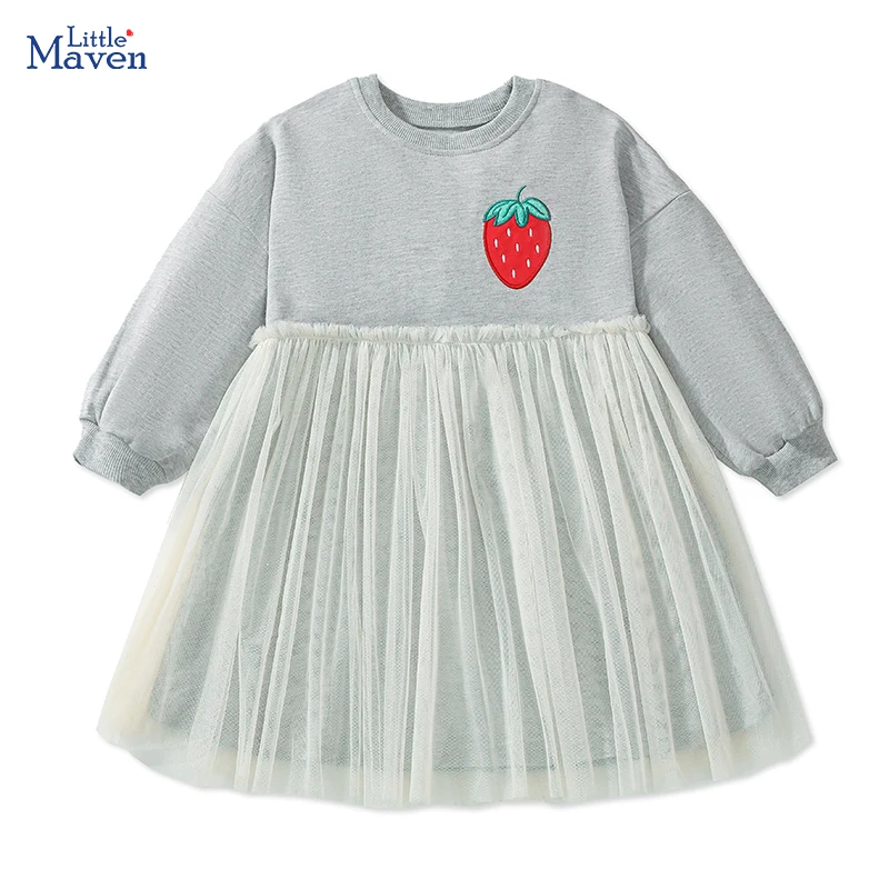 Little maven Baby Girls 2024 New Autumn Spring Children\'s Clothing Kids Clothes Long Sleeves Cartoon Strawberry Dress Cotton