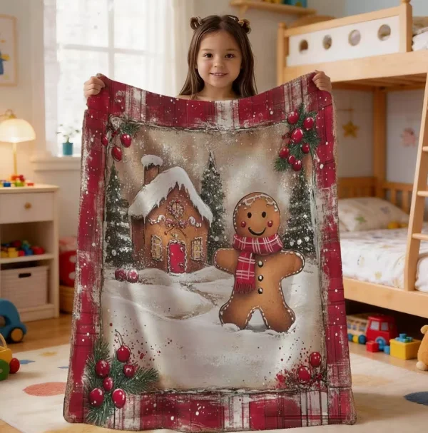 Blanket Christmas Print Gingerbread Men in Red Plaid Scarves Standing in Snow with Snow-Covered  Warm Vintage Christmas