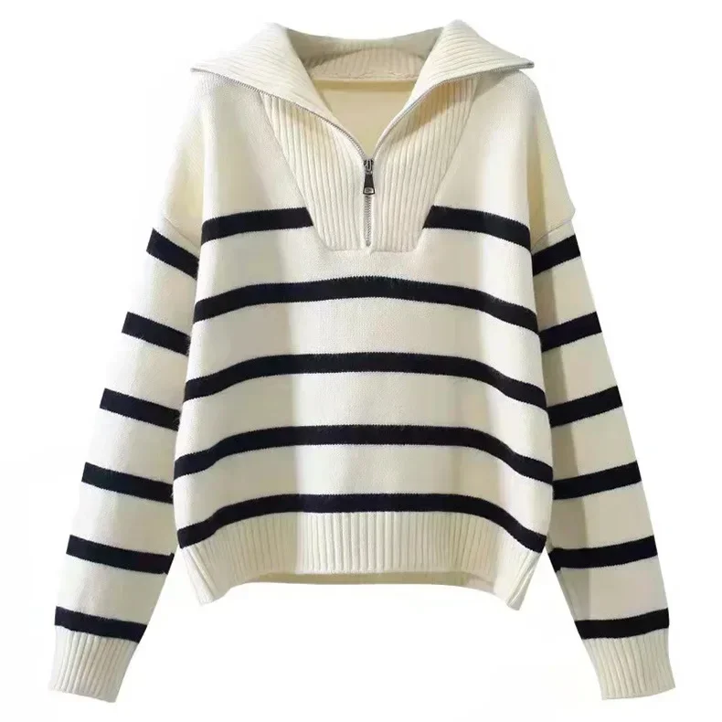 Warm Women Sweater Thick Winter Fashion Striped Zipper Jmuper Loose Korean Knitted Female Pullover Blouse