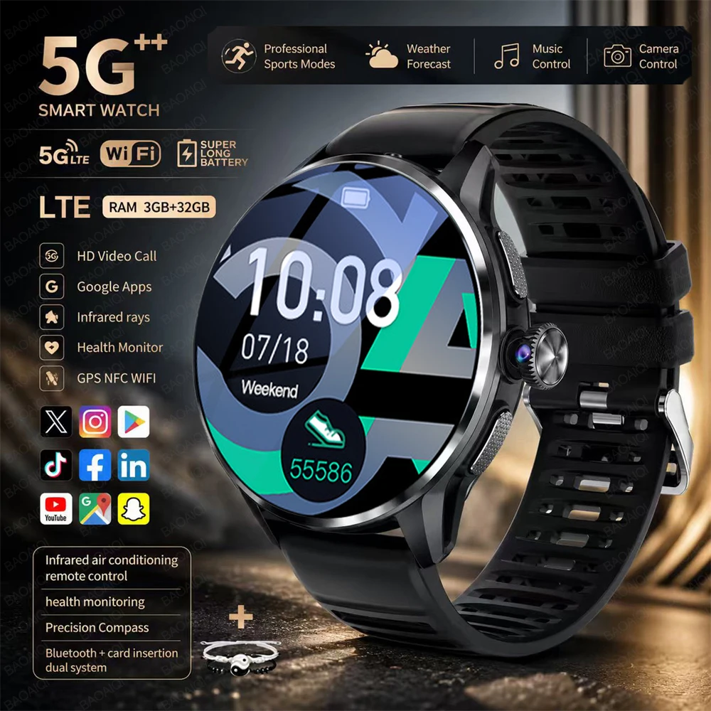 5G Full Network Smart Watch 1.60 inch AMOLED Screen Video Call 3GB+32GB RAM Google Play WIFI GPS Compass Sim Card Smartwatch+Box