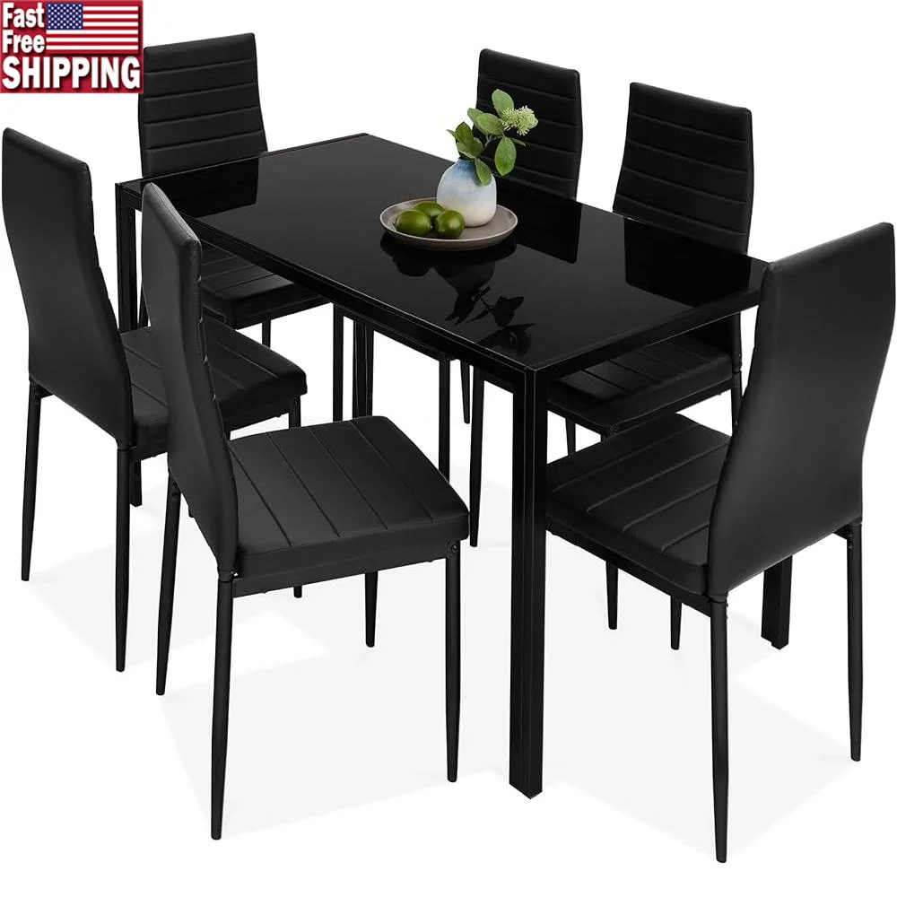 

7-Piece Glass Dining Set Modern Table with 6 Soft Cushioned Chairs Space-Saving Kitchen Furniture Comfortable Design Easy Clean