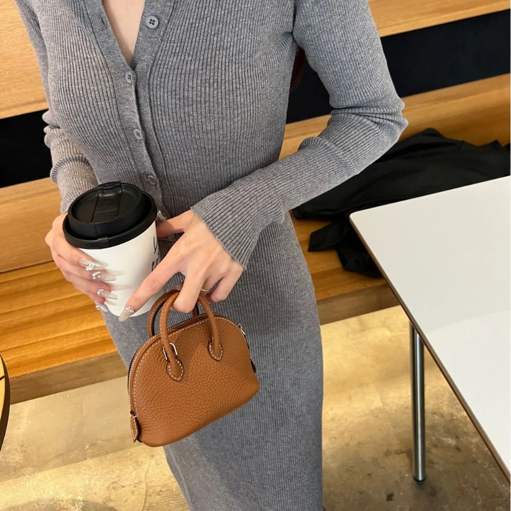 

Mini Shell Bag First Layer Cowhide Bowling Genuine Leather Women's Portable Shoulder Messenger Chain Bag Women Versatile