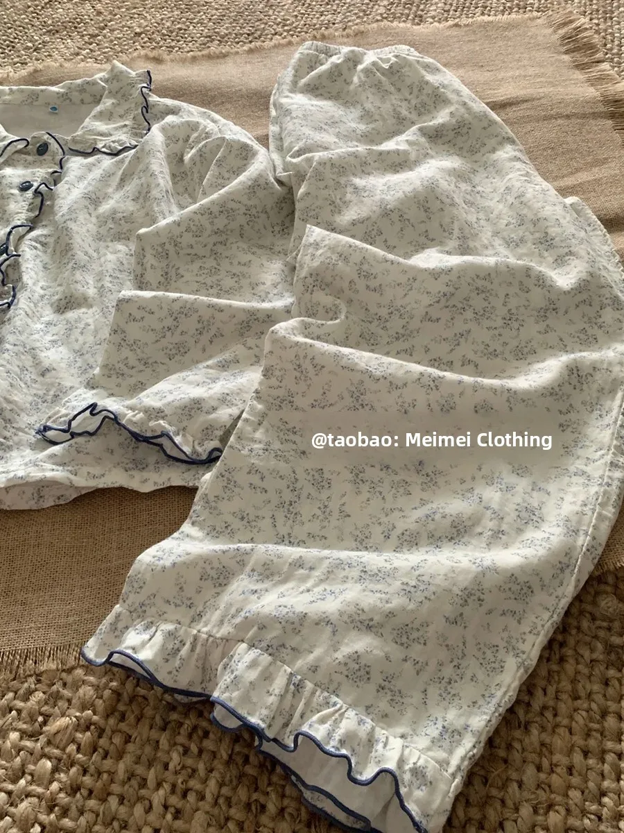Sweet Floral Print Cotton Pajamas Set for Women Long Sleeve Collared Pants Home Wear Suitable for Spring Autumn And Winter 5