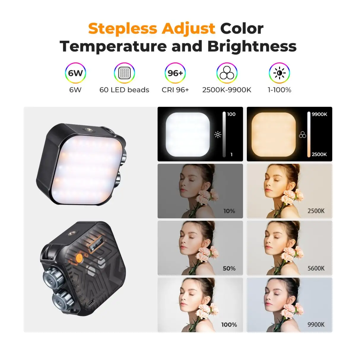 K&F Concept RGB Color Fill Light 2500K-9900K Adjustable Temperature Photography Video 40 LED Bulbs 2000mAh 6W Portable Light