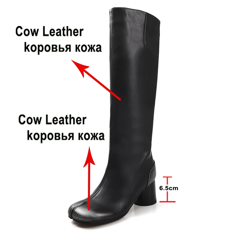 Meotina Women Genuine Leather Knee High Long Boots Split Toe Thick High Heel Zipper Gogo Boot Ladies Fashion Autumn Winter Shoes - view 2