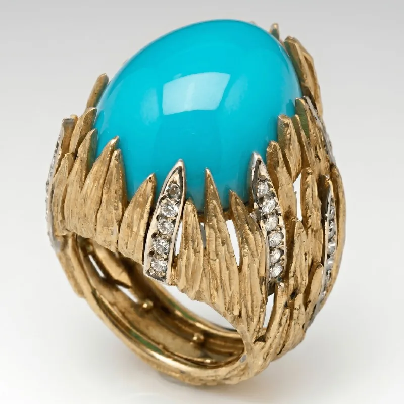 Bohemian Style Fashion Ring Feather Carving Design Inlay Synthetic Gemstone Retro Atmosphere Ring Women's Jewelry