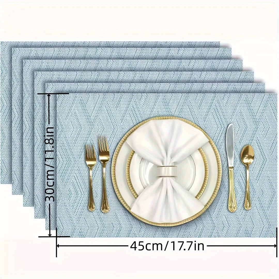 مجموعة مكونة من 2/4/6 قطع، سجادات مكان مقاومة للحرارة باللون الأزرق الفاتح، مفارش طاولة PVC قابلة للغسل، حصيرة مكان بلاستيكية من الفينيل المنسوج بنمط ماسي ثلاثي الأبعاد