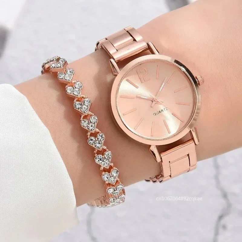 Fashionable Gold  Women's Quartz Watch Bracelet Set Elegant Steel Band Stylish Female Wristwatch