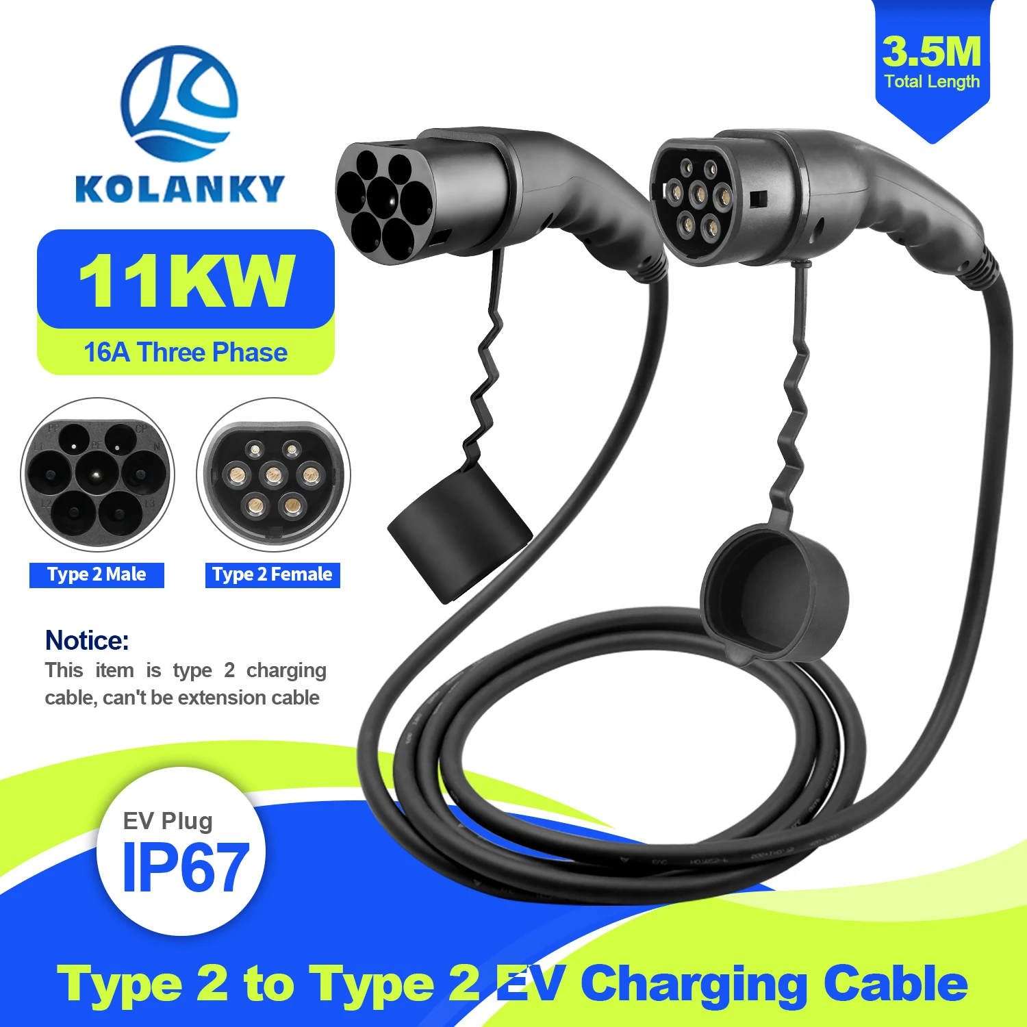 

Kolanky EV Charging Cable 16A 11KW Type 2 Male To Type 2 Female Plug Charger For Electric Vehicle Hybrid Cars Total 3.5M