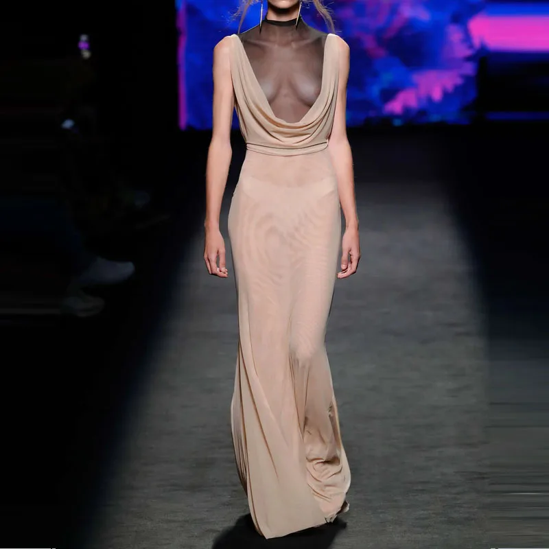 Sexy gaze fina transparente vestido de noite fino elegante emendado plissado senhora banquete vestido verão novo corte baixo oco para fora vestido longo