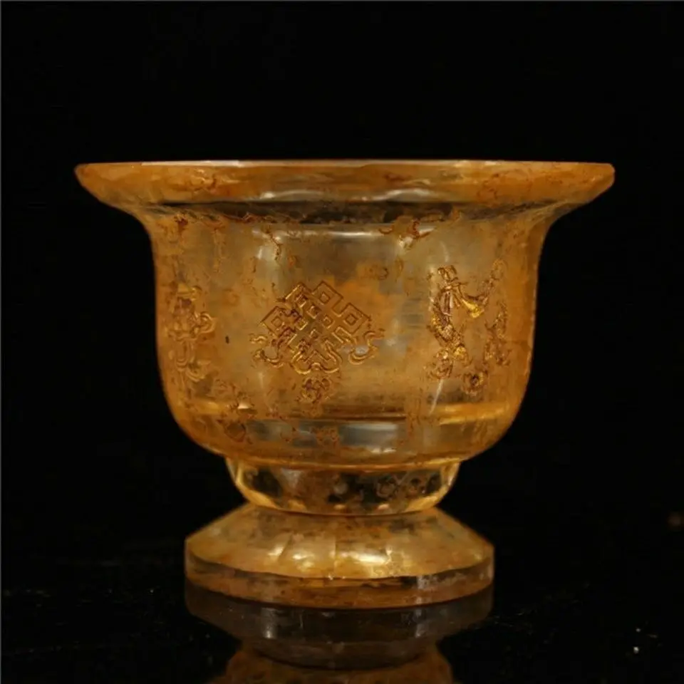 Vintage Crystal Worship Cup Tibetan Buddhism Eight Treasures Pattern Altar Holy Water Bowl Meditation Decor Buddhist Item