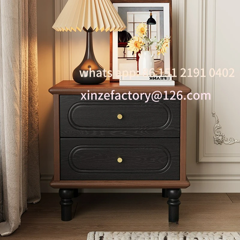 

Customizable retro red oak solid wood bedside table double color medieval black bedroom storage double layer wholesale French