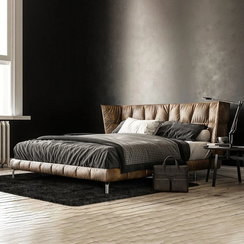 Italian light luxury leather bed, husk muscle bed, modern and simple villa master bedroom, high-end and grand double bed