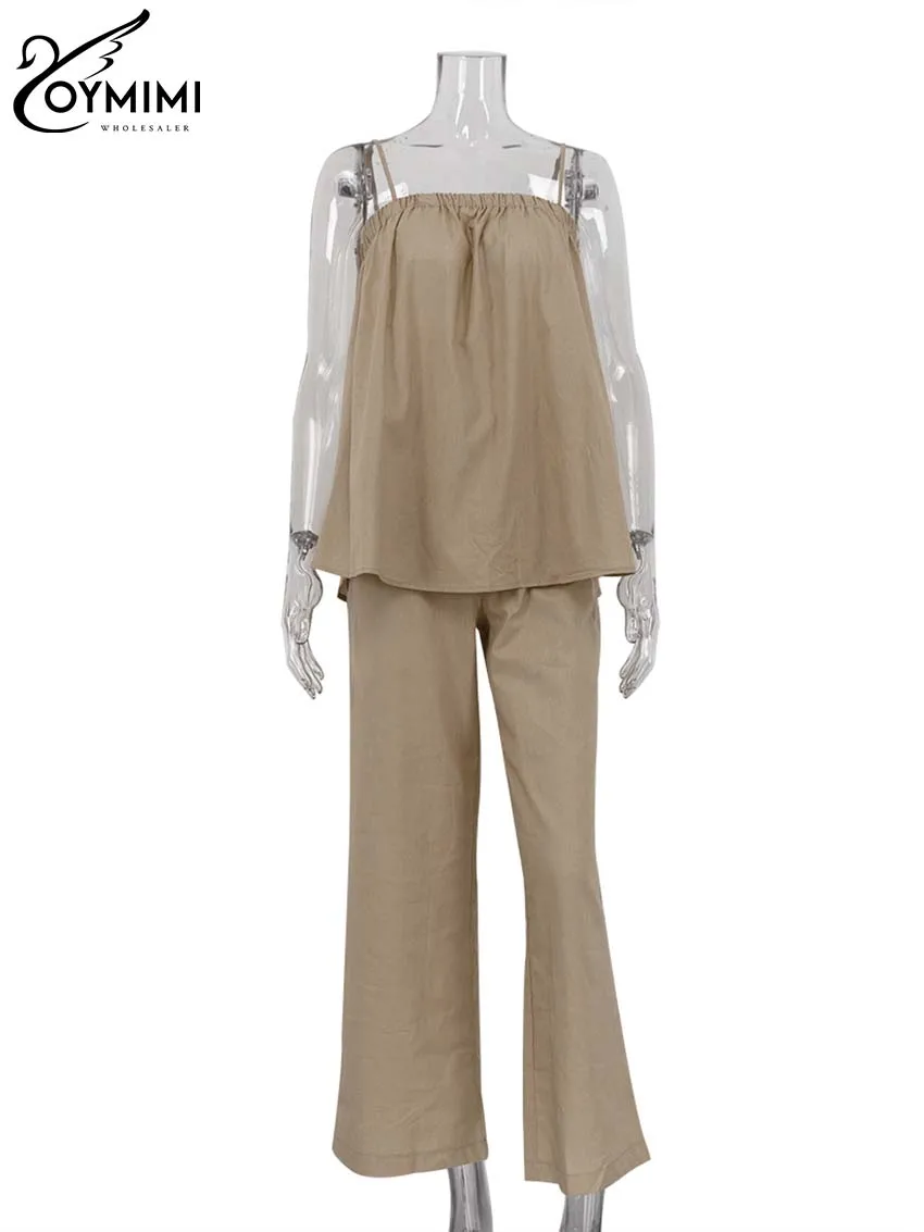 Oymimi Casual Khaki Cotton Women 2 Piece Set Outfit Spring Spaghetti Strap Loose Top And High Waist Straight Trousers Female Set