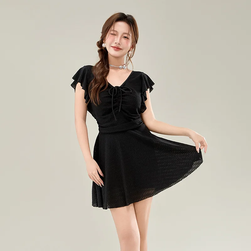 2025 New One-piece Dress Swimsuit Women Solid Color Conservative V-neck Beach Skirt Beach Vacation Hot Spring