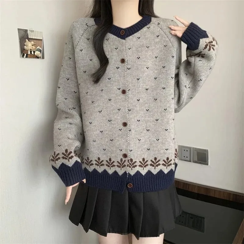 

Модный корейский синий жаккардовый кардиган на пуговицах с длинными рукавами, осенне-зимний вязаный свитер, топ