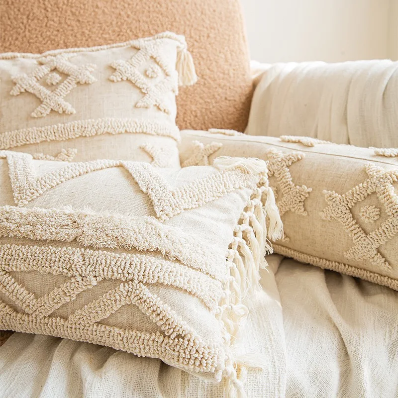 Beige Cream Boho Tufted Tassel Bolster Cushion Cover 30x60cm Geometric Linen Cylindrical Throw Pillow Cover 45x45cm