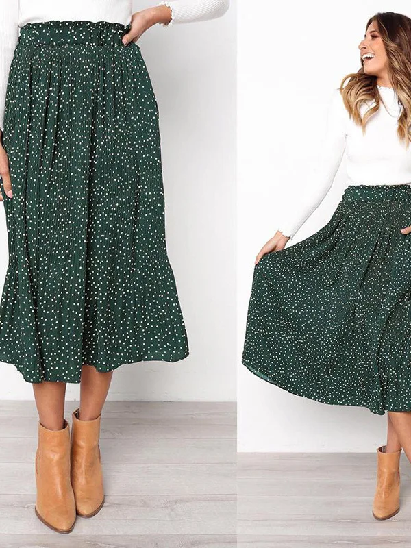 Süßer Polka Dot f-Länge Faltenrock Damen Faionable Loose Casual Ket Design High Waist Ele Midirock