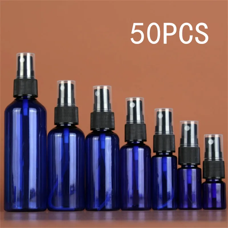 

50PCS/Set 20/30/50/100ml Blue Empty Spray Refillable Bottles Fine Mist Plastic Containers For Alcohol Disinfectant Wholesale