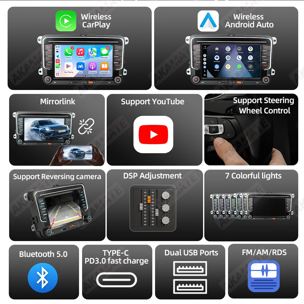 Picture 6: 7Inch Car Radio For VW Wireless CarPlay Android Auto Dual USB Type-C Charge Bluetooth FM for Volkswagen Polo Golf Passat MP5