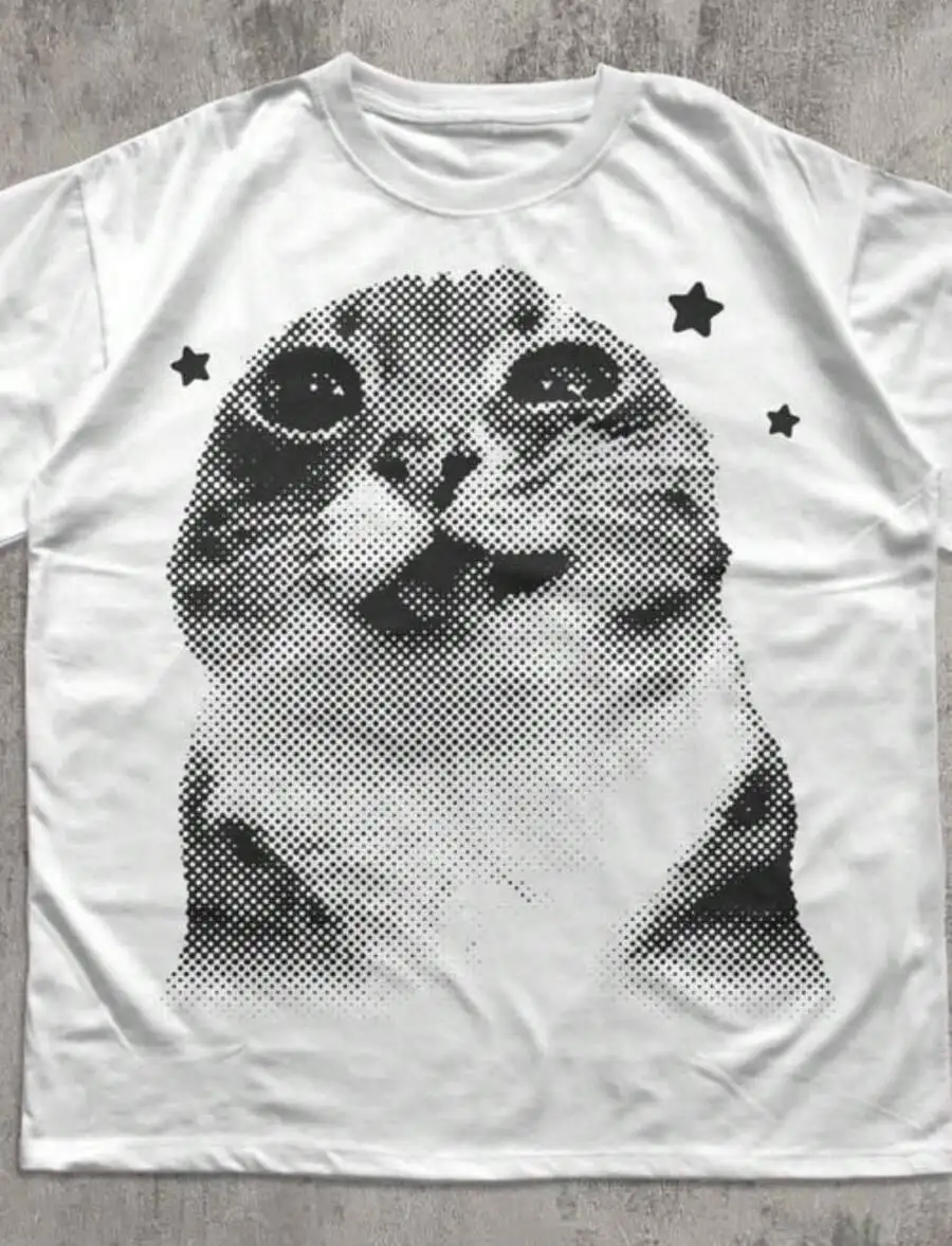 Funny Y2k Cat T-Shirt, Silly Shirt, Vintage Retro Shirts, Cats Lover Gift, Meme Tshi. 100% Cotton Trendy Y2K Short-Sleeve Tee – Soft, Quick-Drying,  Wrinkle Resistant Light Cotton Graphic Tshirt Soft Stretchy Casual Summer Short Sleeve
