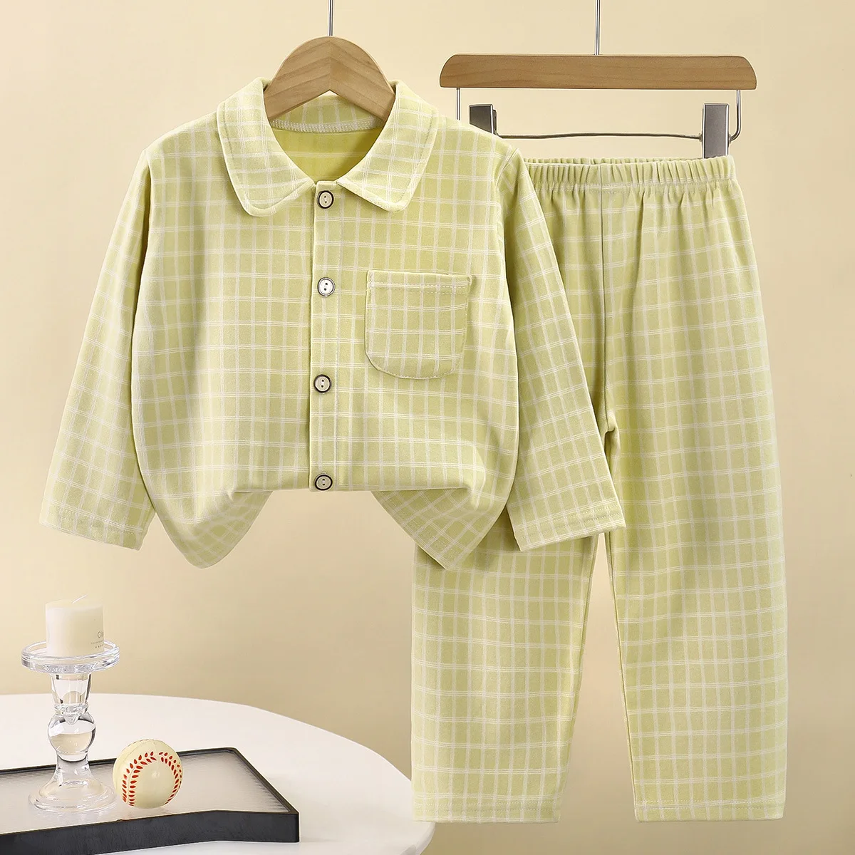 Детский пижамный комплект для мальчиков и девочек, осенне-зимняя домашняя одежда с термоворотным воротником, повседневная уютная клетчатая детская домашняя одежда для подростков, одежда для сна из 2 предметов