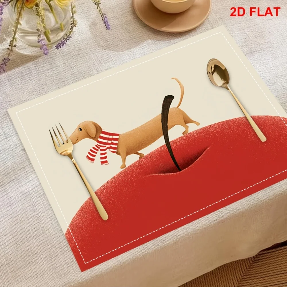 Table Place Mats Dachshund Dog Printed Cushion Linen Red Apple Illustration Heat Resistant Kitchen Dining Room Home Decor