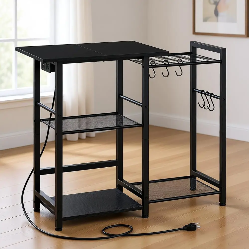 

Кухонная полка для хранения с розеткой, подставка для микроволновки и подставка для кастрюль, кофейный столик с крючками