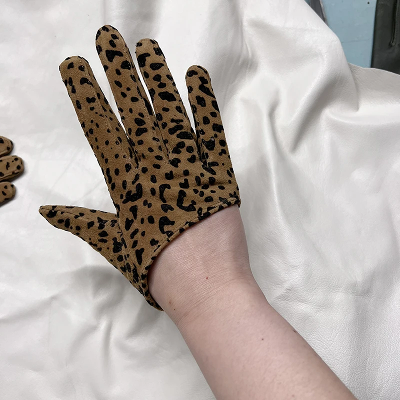 Women\'s Leopard prin natural suede leather gloves half palm gloves female performance dancing party genuine leather glove