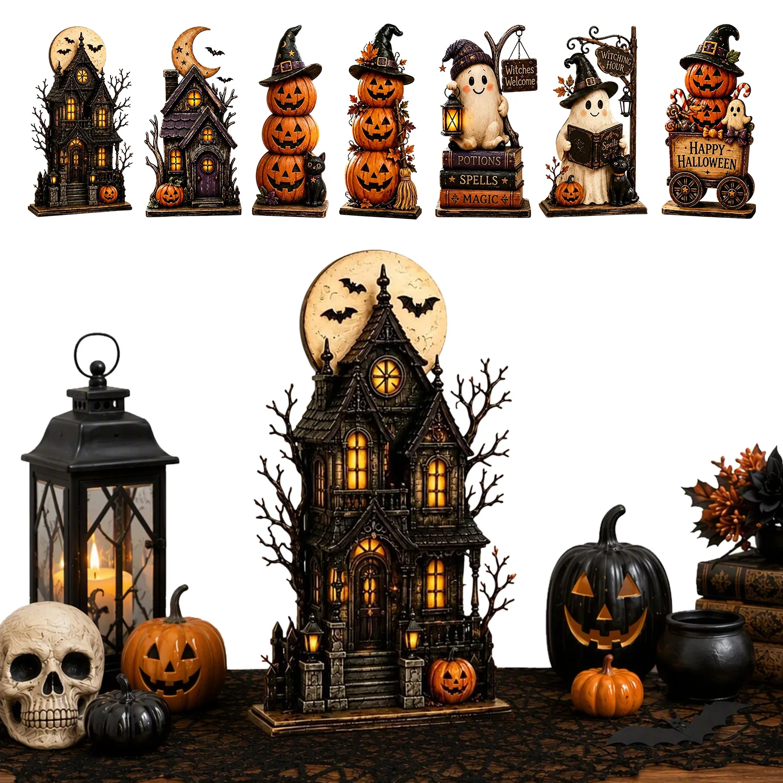 Lighted Halloween Haunted House 15x5x1 CM Spooky Fall Ghost Figurine Decor Hand-Painted for Holiday Party Home Decor Supplies